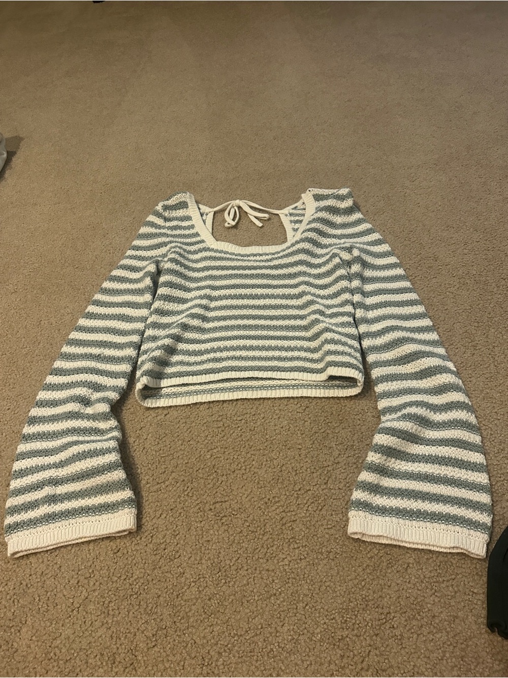 Hollister Striped Cropped Knit Top in Light Blue and White